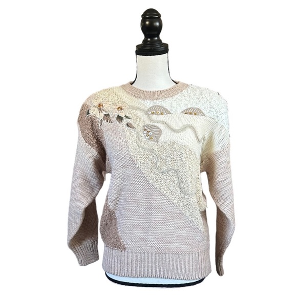 Vintage Sweaters - Vintage Needles & Yarn Abstract Floral Patchwork Sweater Neutral 80s Artsy M